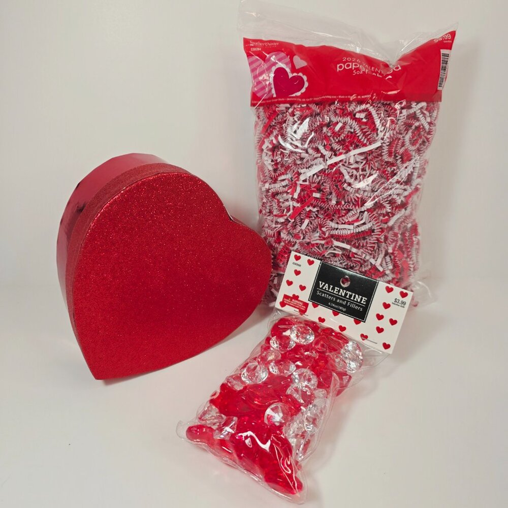 Valentine Heart Gift Box Set w/ Fillers – Glitter Heart Box, Gems & Paper Shred - Picture 1 of 9